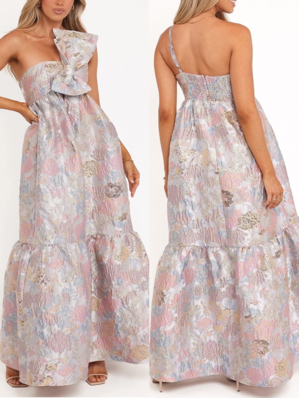 NEW PETAL & PUP Betina BOW FRONT Straples PALE BLUE Floral JACQUARD Maxi DRESS M